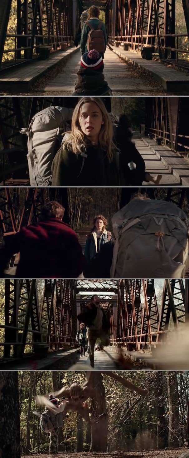 The family walking in "A Quiet Place," and the monster attacking the youngest son