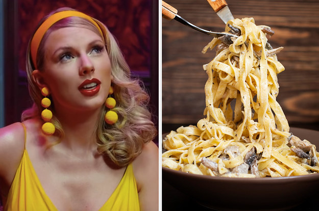 Taylor Swift in the lover music video and a bowl of seafood pasta