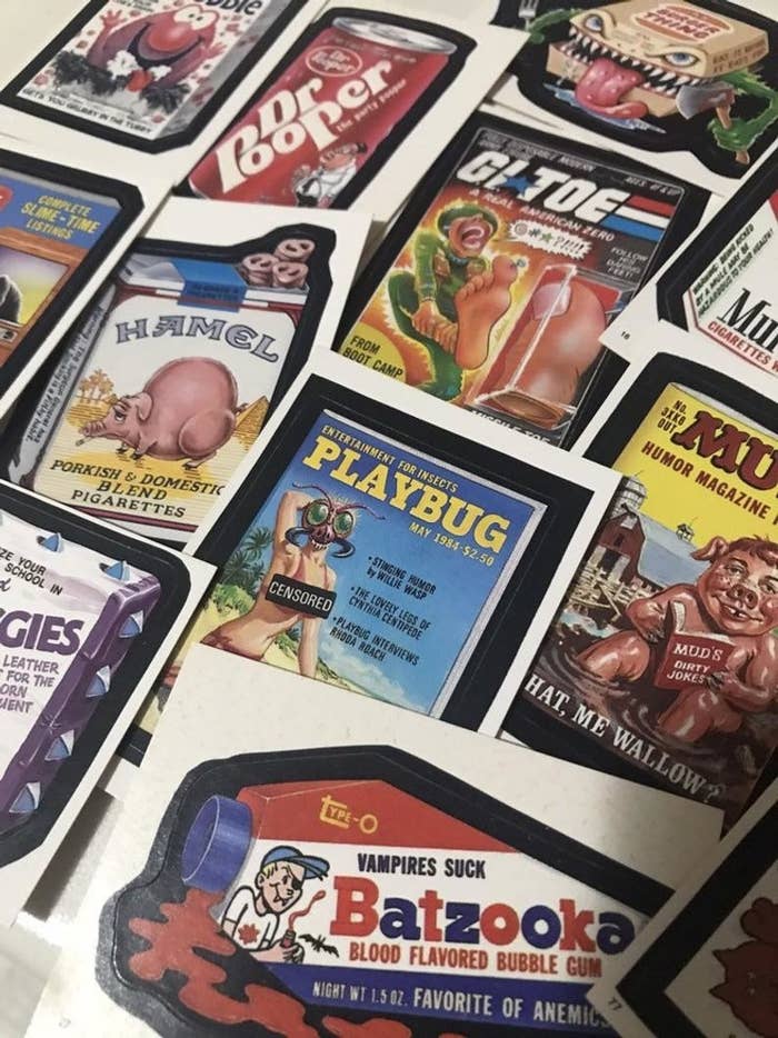 A bunch of Wacky Packages stickers.