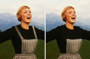 Identical images of Julie Andrews in The Sound of Music side-by-side, but one image she has striped straps on her apron