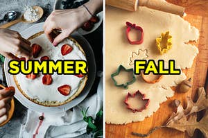 On the left, people place strawberries slices on top of a cake with "summer" typed on top of the image, and on the right, cookie dough on the table with leave-shaped cookie cutters on top with "fall" typed on top of the image