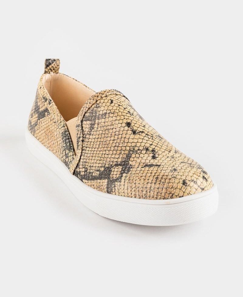 tan and grey faux snakeskin slip on sneakers