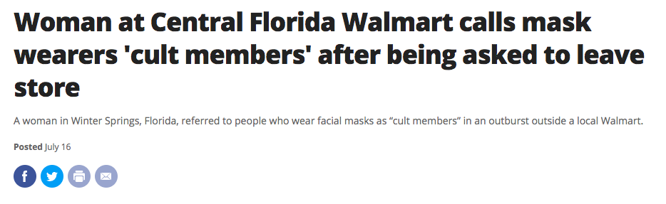 女人在佛罗里达州中部沃尔玛称面具穿& # x27;邪教成员# x27;在被要求离开