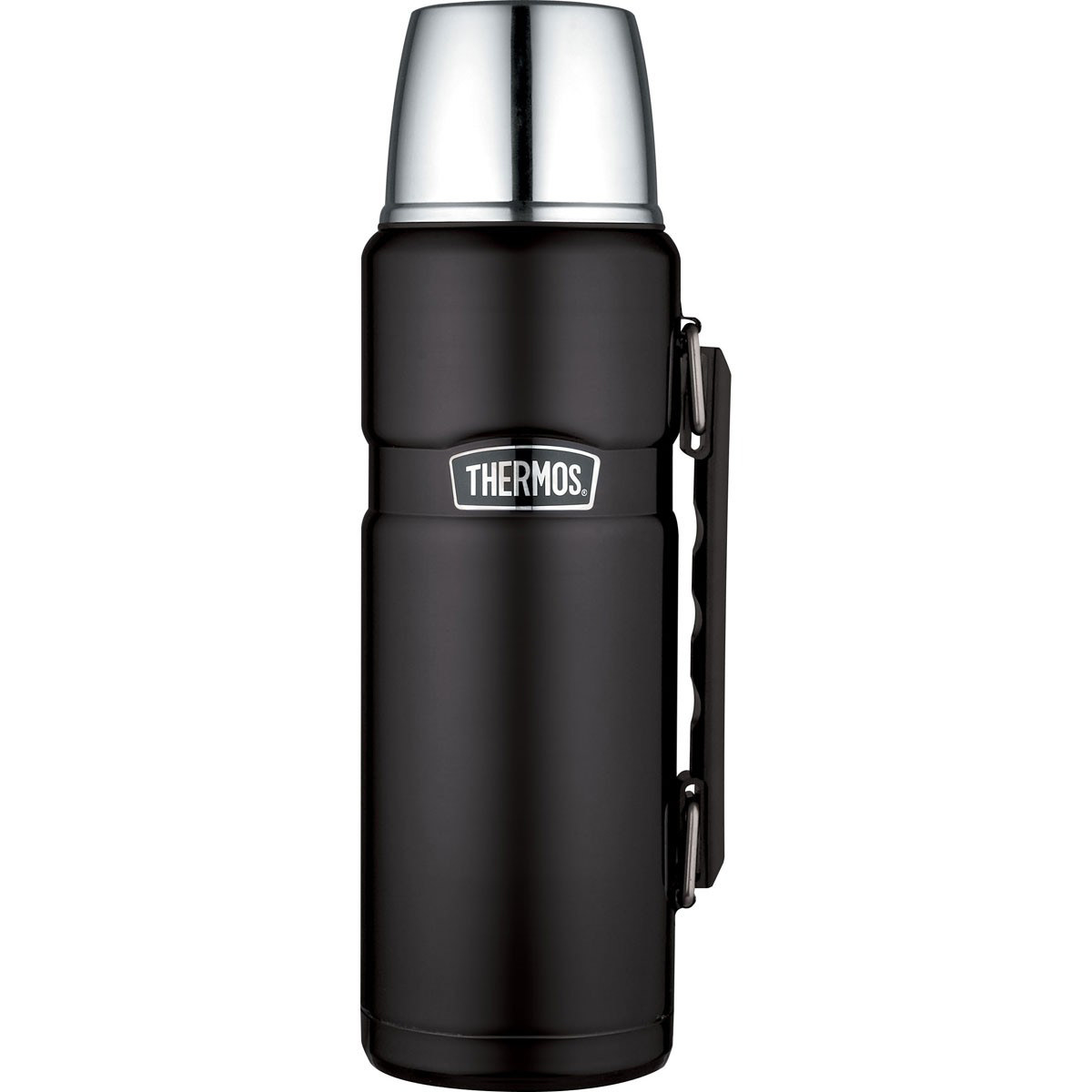 A black thermos with a silver top