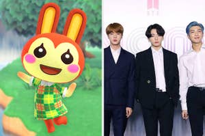 An image of Bunnie smiling from Animal Crossing next to BTS smiling at their recent press conference