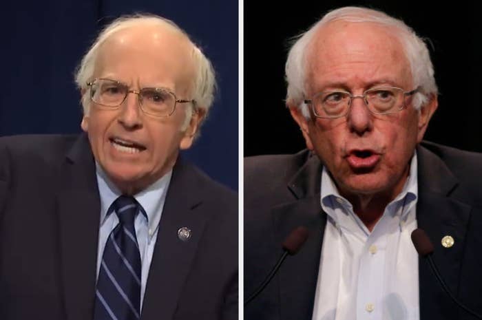 Larry David as Bernie Sanders on "SNL" and Bernie Sanders at a political event