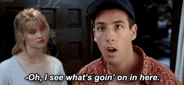 gif of adam sandler in &quot;billy madison&quot; looking stunned and saying &quot;oh I see what&#x27;s goin&#x27; on here&quot; as he startes at a giant waving penguin on a staircase