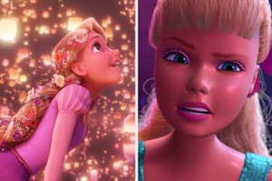 Side-by-side images of Rapunzel from Tangled and Barbie from Toy Story 3