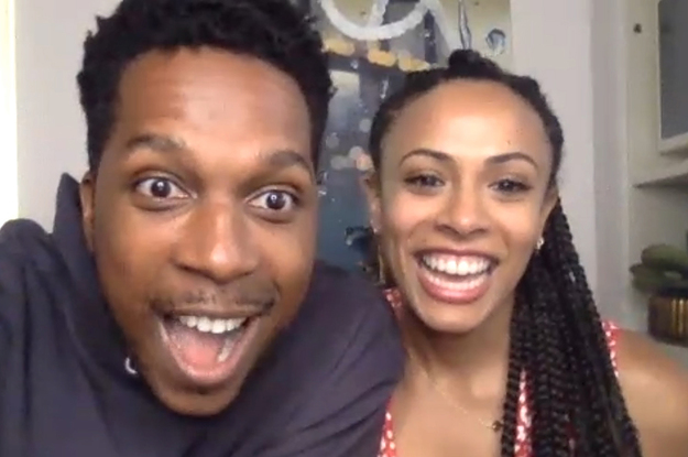 Leslie Odom Jr. and Nicolette Robinson looking excitedly into the camera.
