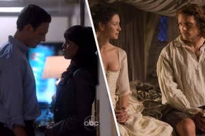 Left: Fitz and Olivia looking into one another's eyes in the hallway on "Scandal." Right: Jamie and Claire looking into one another's eyes while sitting on their marriage bed in "Outlander." 