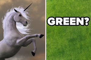 A unicorn rises up on its hind legs with its mane flowing in the wind next to an image of grass with the word green written on top