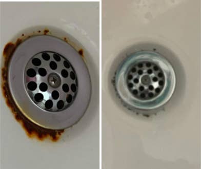 reviewer's pic of rust around sink drain then it free of rust after using the product