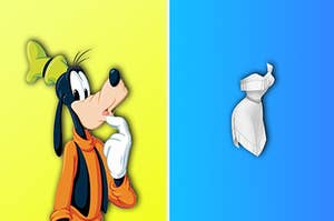 Goofy trying to figure out who this black and white dress belongs to