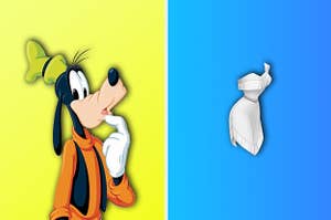 Goofy trying to figure out who this black and white dress belongs to