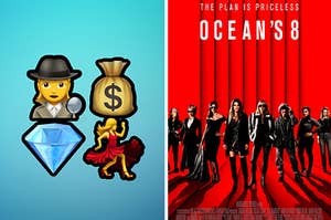 Four emojis of a female detective bag of money diamond and a woman dancing next to a poster of Ocean's Eight