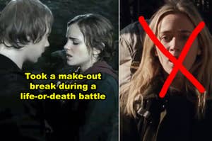 Side-by-side of Ron/Hermione making out during the Battle of Hogwarts, plus the mom in A Quiet Place as her son's being killed