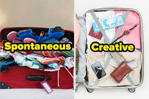 A messy suitcase that says "spontaneous" next to a neatly packed suitcase that says "creative"