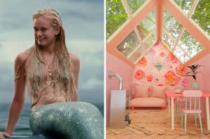 On the left, Sara Paxton as the mermaid Aquamarine in the movie "Aquamarine," and on the right, a little cabin in the woods with a skylight with floral wallpaper and a small table and couch