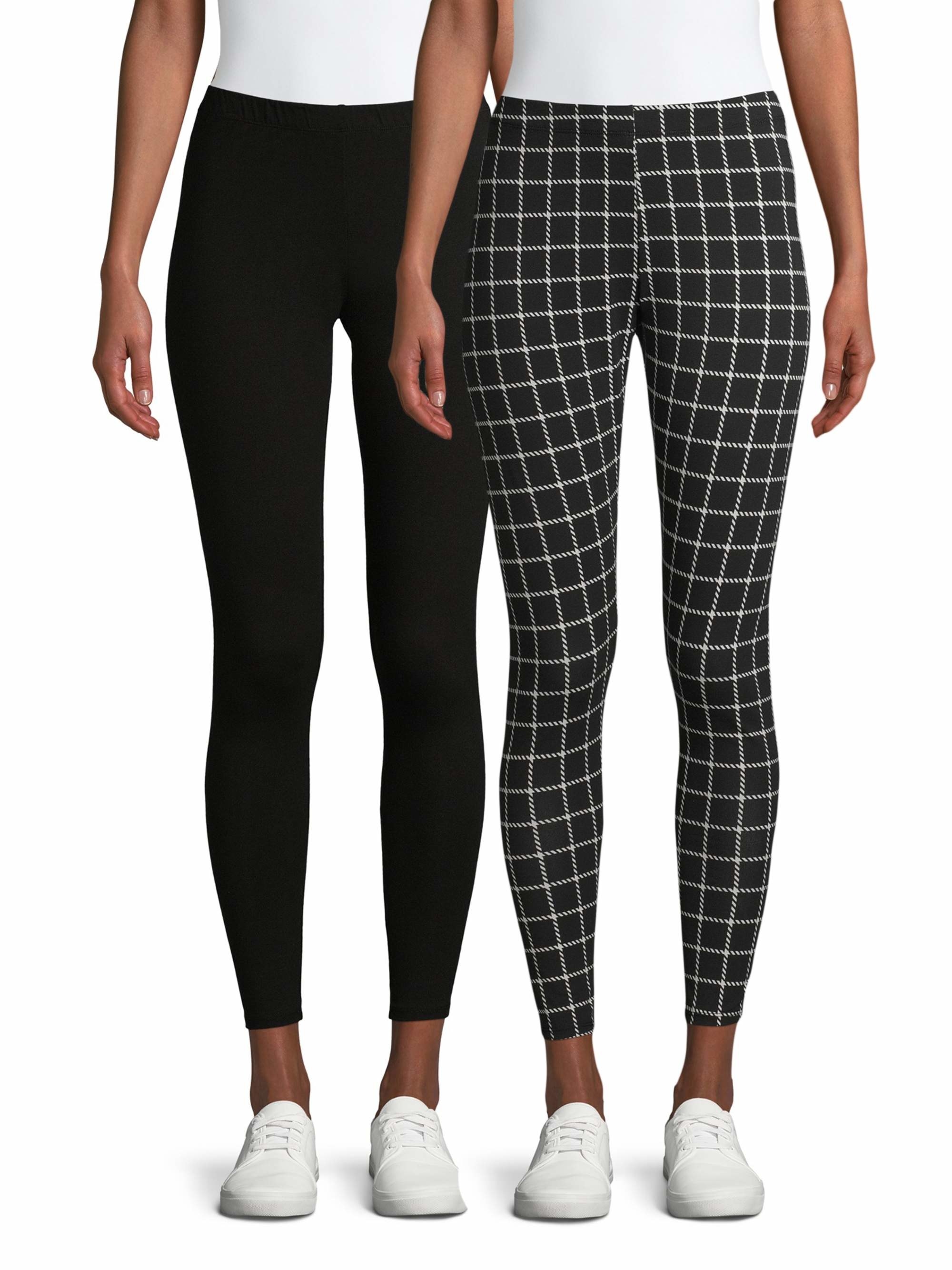 Model wearing black leggings and model wearing black and whit gingham leggings