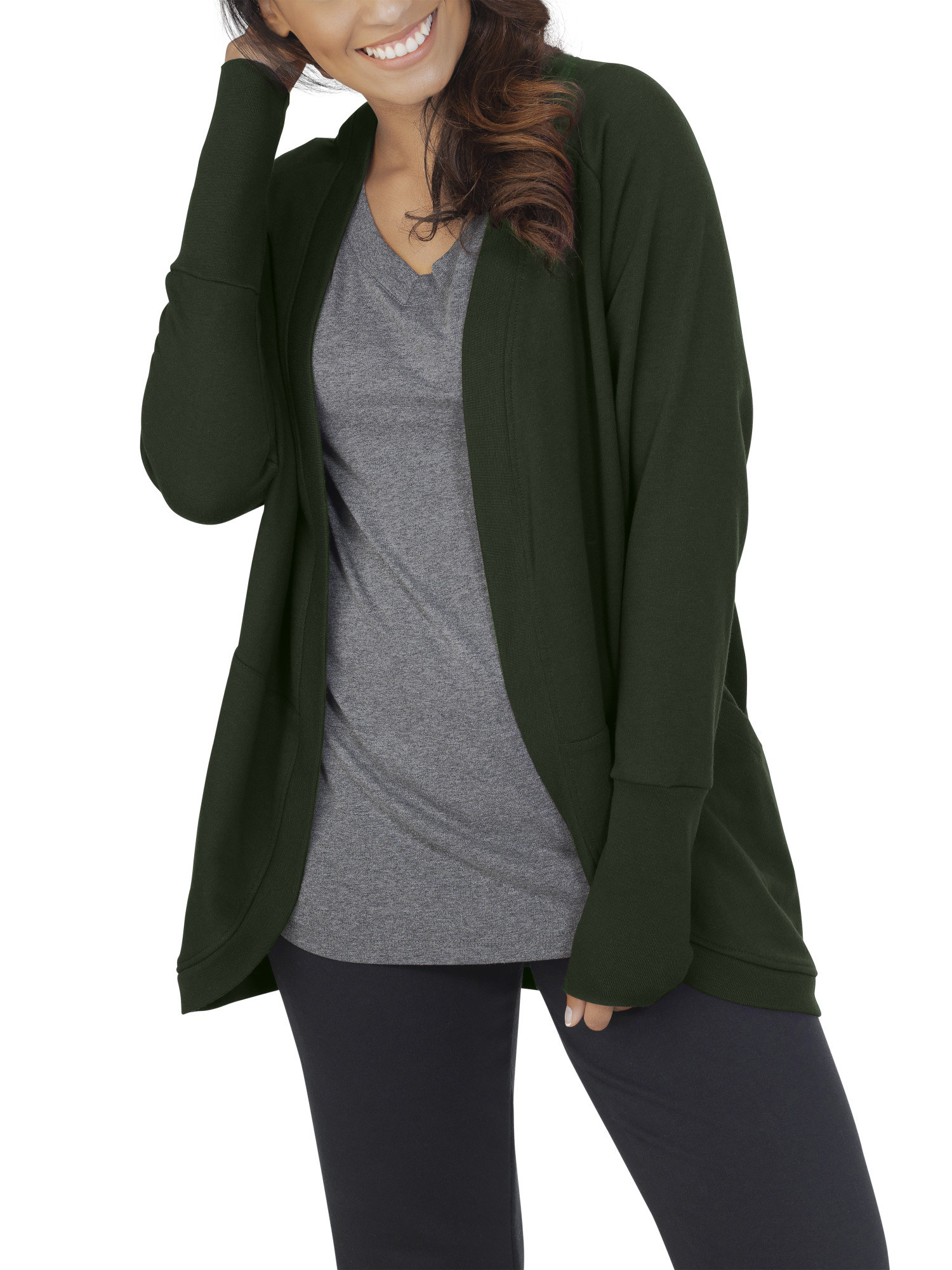 Model wearing green cardigan.