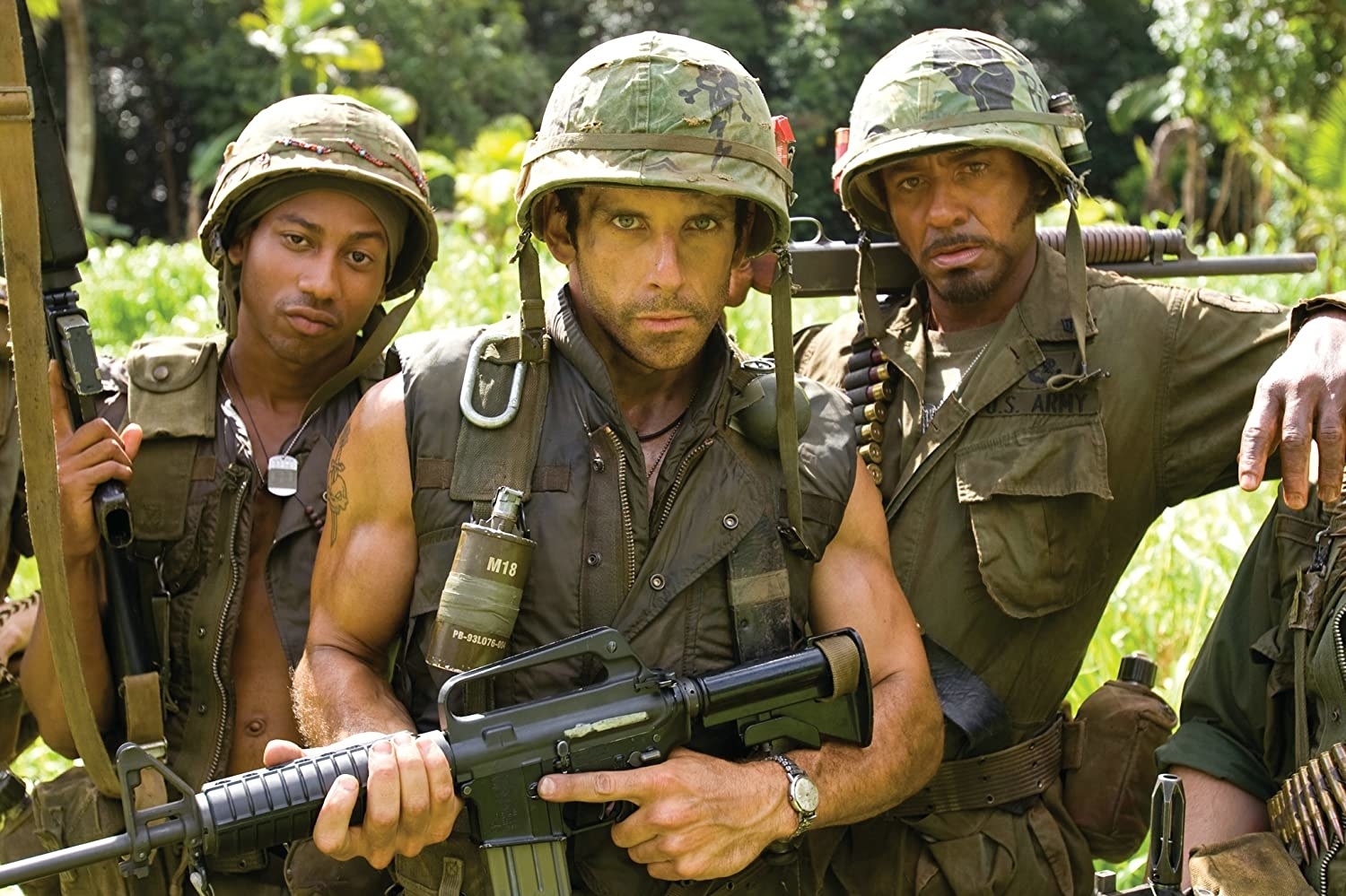 Ben Stiller, Robert Downey Jr, and Brandon T. Jackson in Tropic Thunder