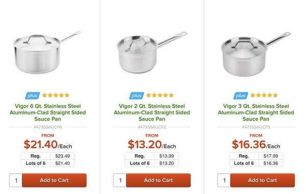 A screenshot of pans for sale at an online kitchen supply retailer.