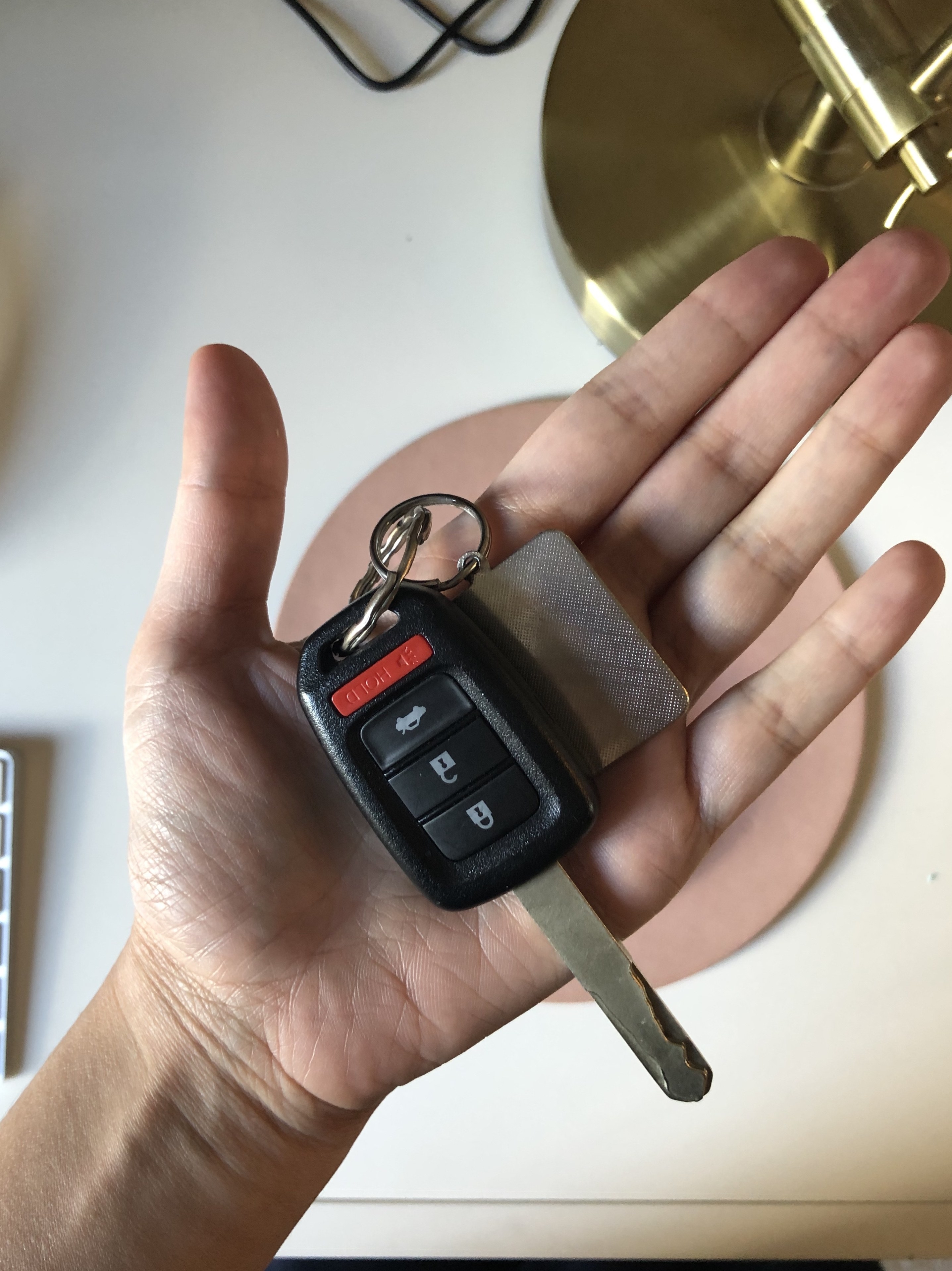 Car keys being held in someone&#x27;s hand.