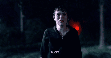 Gif of Sophia Lillis in &quot;I Am Not Okay With This&quot; shouting fuck and slamming her fists in the air