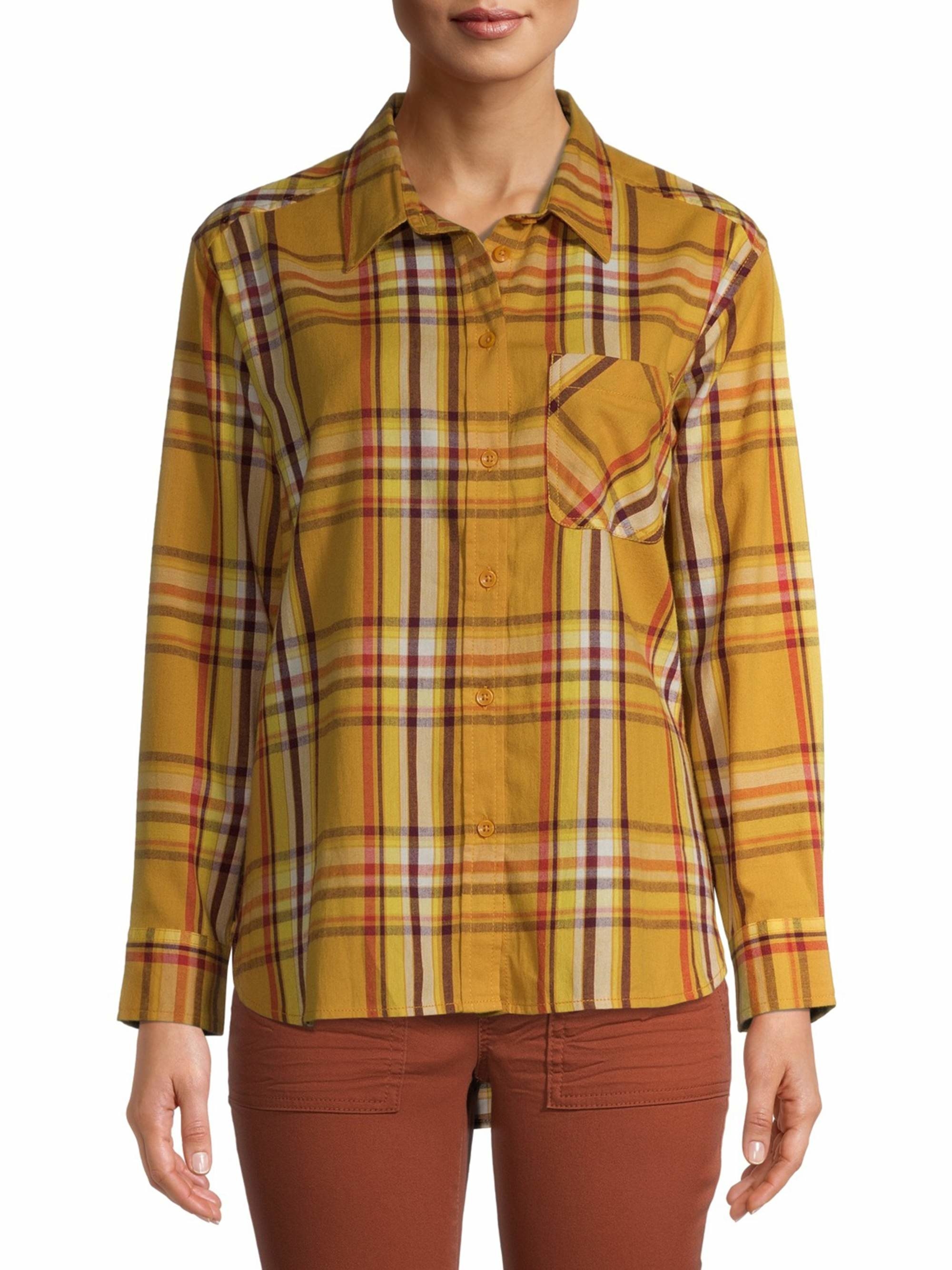Model wearing yellow plaid top