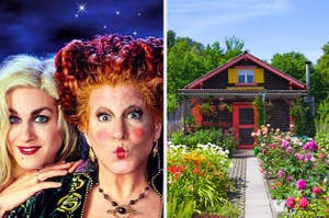 Winifred and Sarah from "Hocus Pocus" are on the left making funny faces with a small cottage in a garden on the right