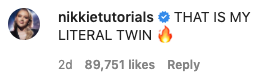 NikkeTutorials saying &quot;That is my literal twin!&quot; with a fire emoji at the end 