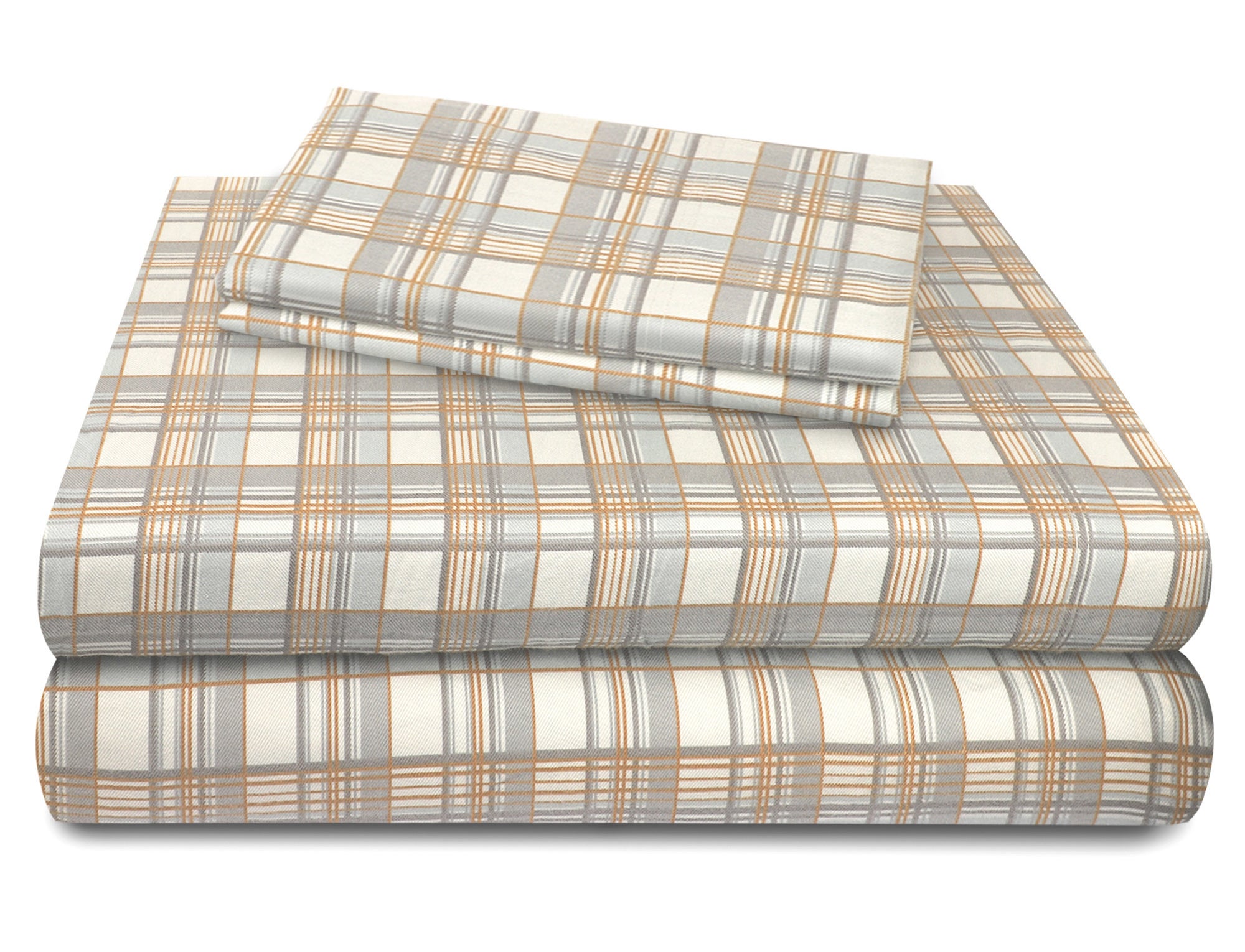 A folded and stacked set of multi-plaid flannel sheets