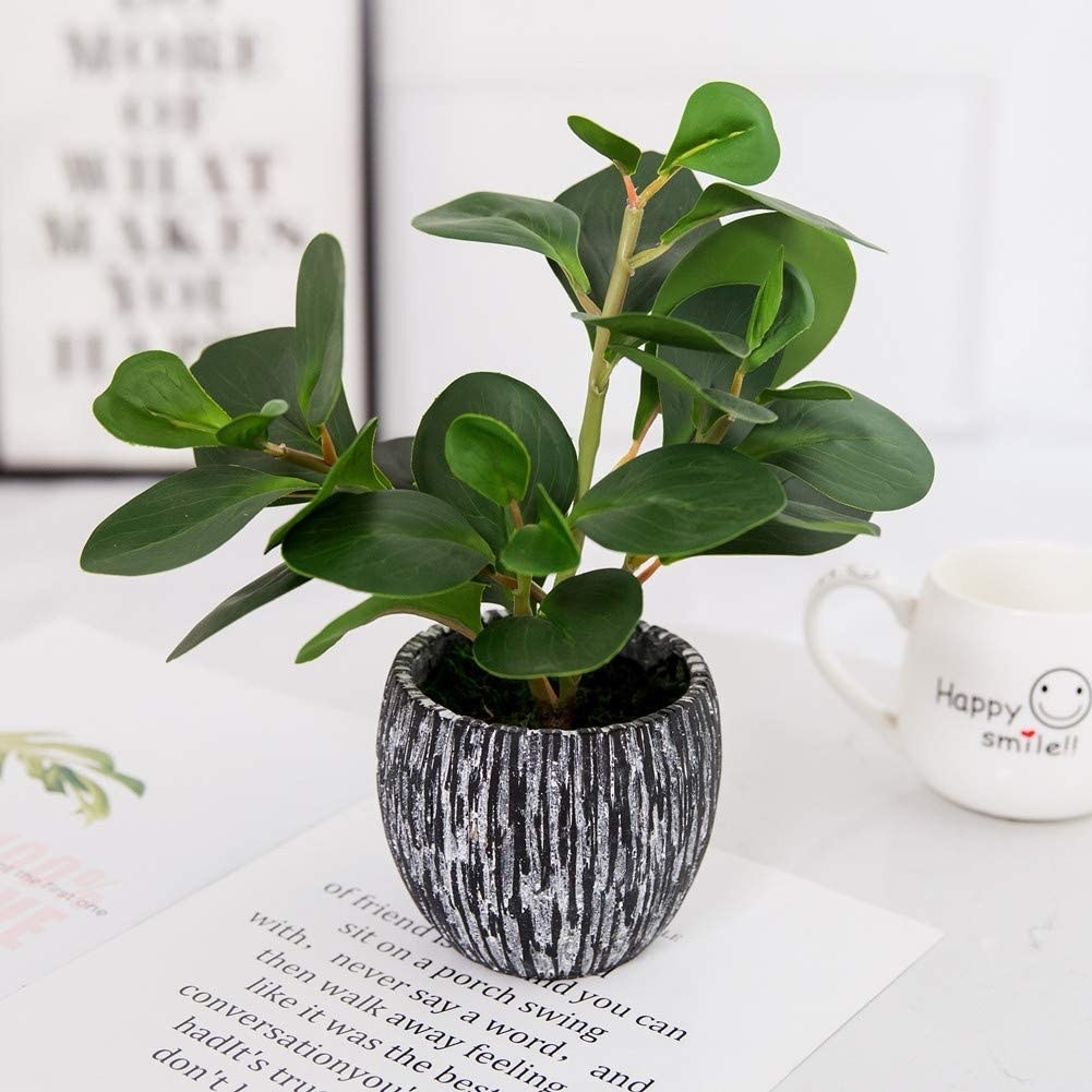 A faux fiddle leaf fig plant in a small pot with black and white paint-drop like stripes down the side