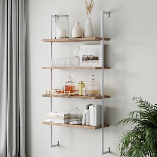White metal bookcase with four natural wood shelves