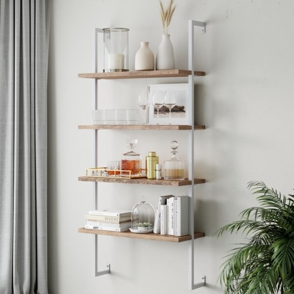 White metal bookcase with four natural wood shelves 