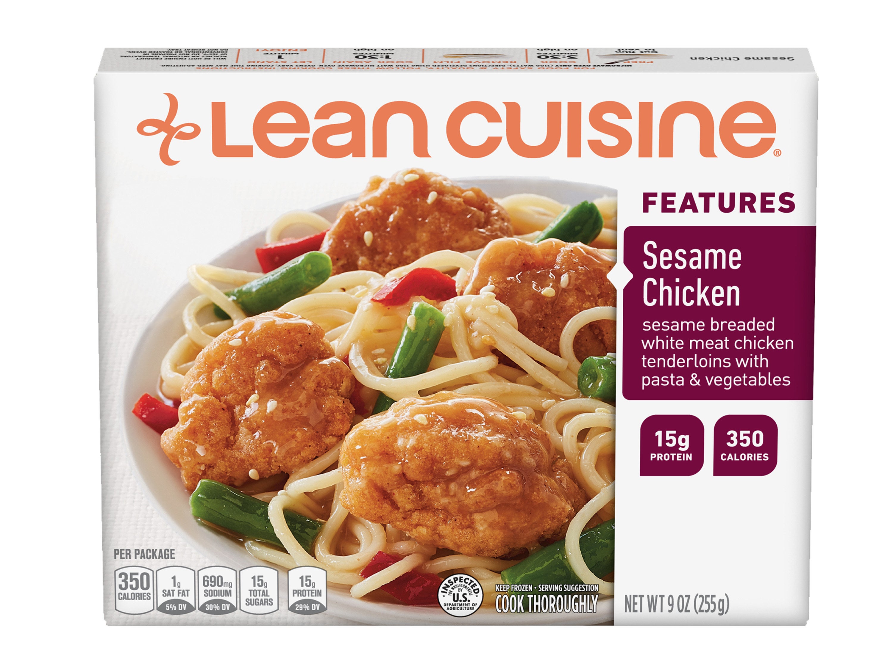 The sesame chicken meal packaging showing chicken bits with noodles and peppers