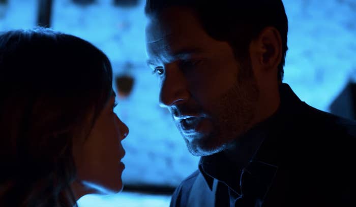 Lucifer and Chloe looking at each other while kissing