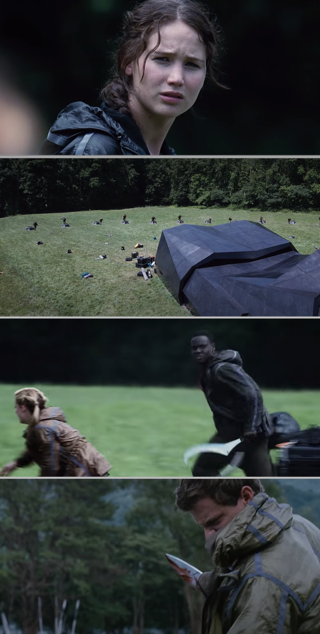 All of the tributes running and killing each other at the start of The Games in &quot;The Hunger Games&quot;