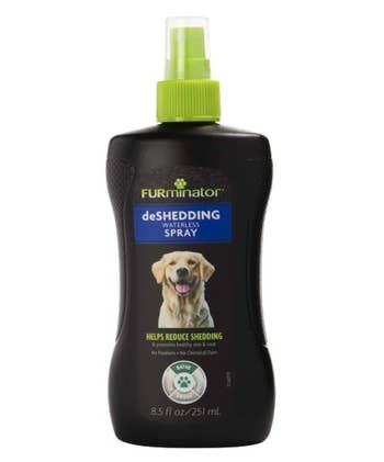 Black bottle of Furminator deShedding Waterless Pet Spray