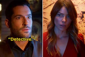 Lucifer and Chloe from "Lucifer" looking at each other, and Lucifer saying, "Detective"
