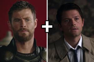An image of Thor looking distrustful next to an image of Castiel from Supernatural looking surprised