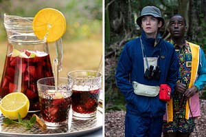 A pitcher of sangria on the left with Otis from "Sex Education" camping on the right