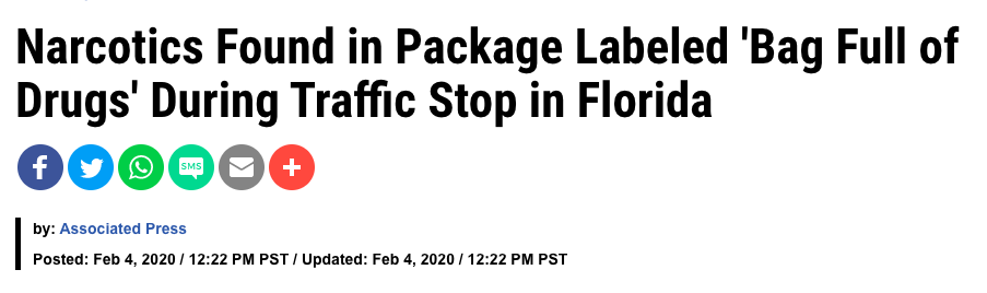 毒品在包装标签& # x27;袋药物# x27;在佛罗里达的交通停止