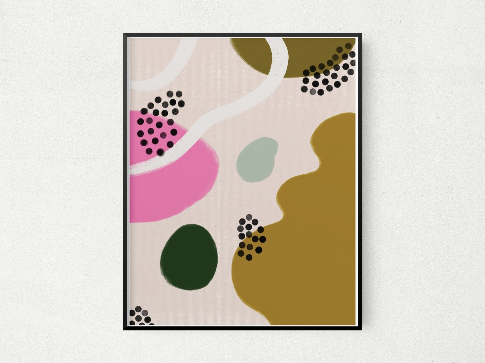 Rectangle print with an abstract print of pink, green, blue, and yellow blobs, black dot blobs, and a white line blob