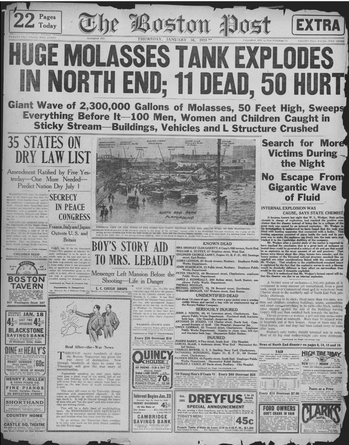 The cover of the Boston Post after the tragedy reading Huge Molasses Tank explodes in North End; 11 dead, 50 hurt