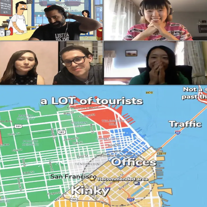 Tiles show people dialed in via video chat above a shared screen of a map of San Francisco with phrases like "traffic" and "a LOT of tourists" over different areas