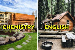On the left, a modern house with large windows with "chemistry" typed on top of the image, and on the right, a cabin in the forest with "English" typed on top of the image