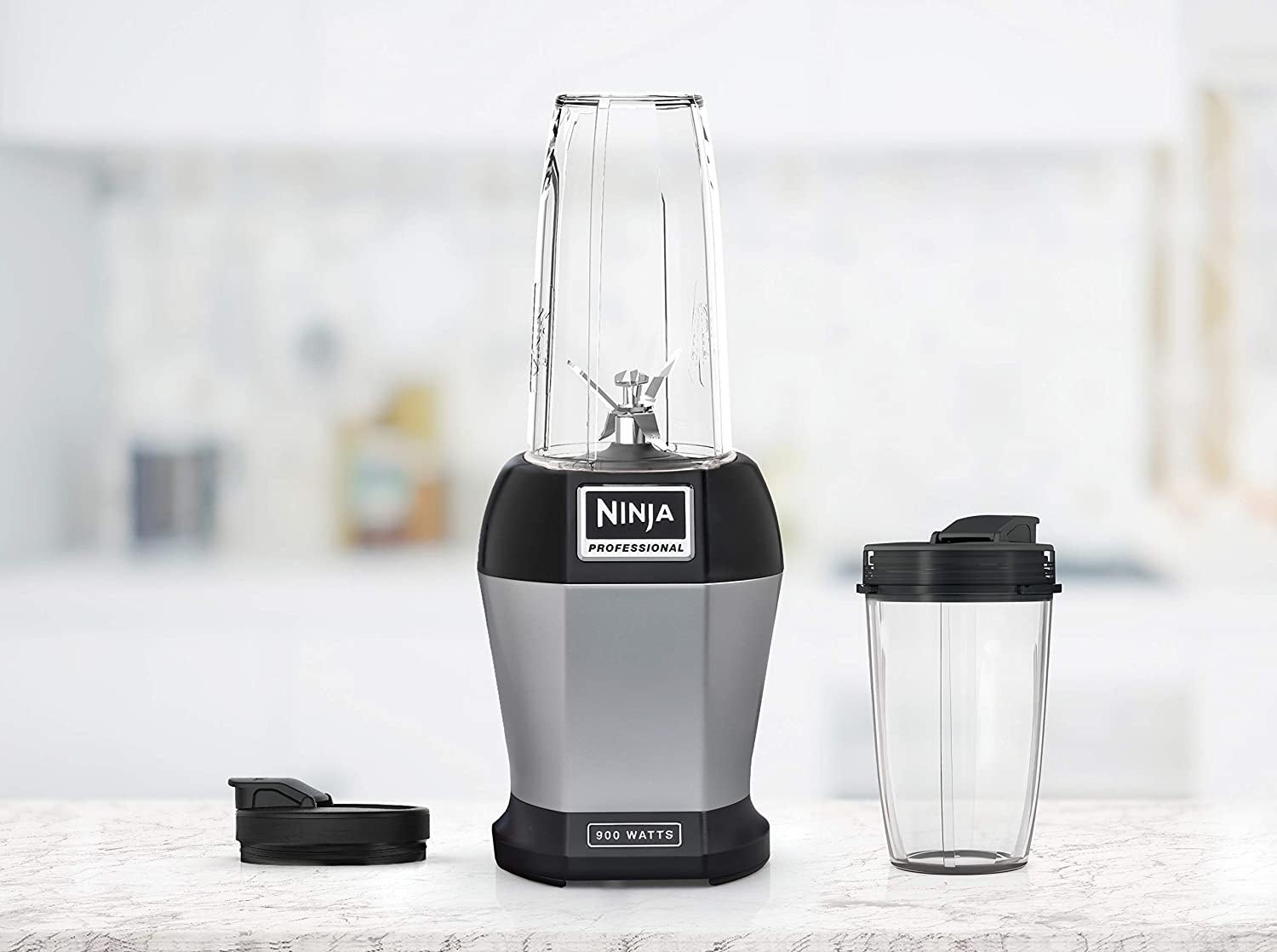The Ninja blender with two cups and corresponding lids