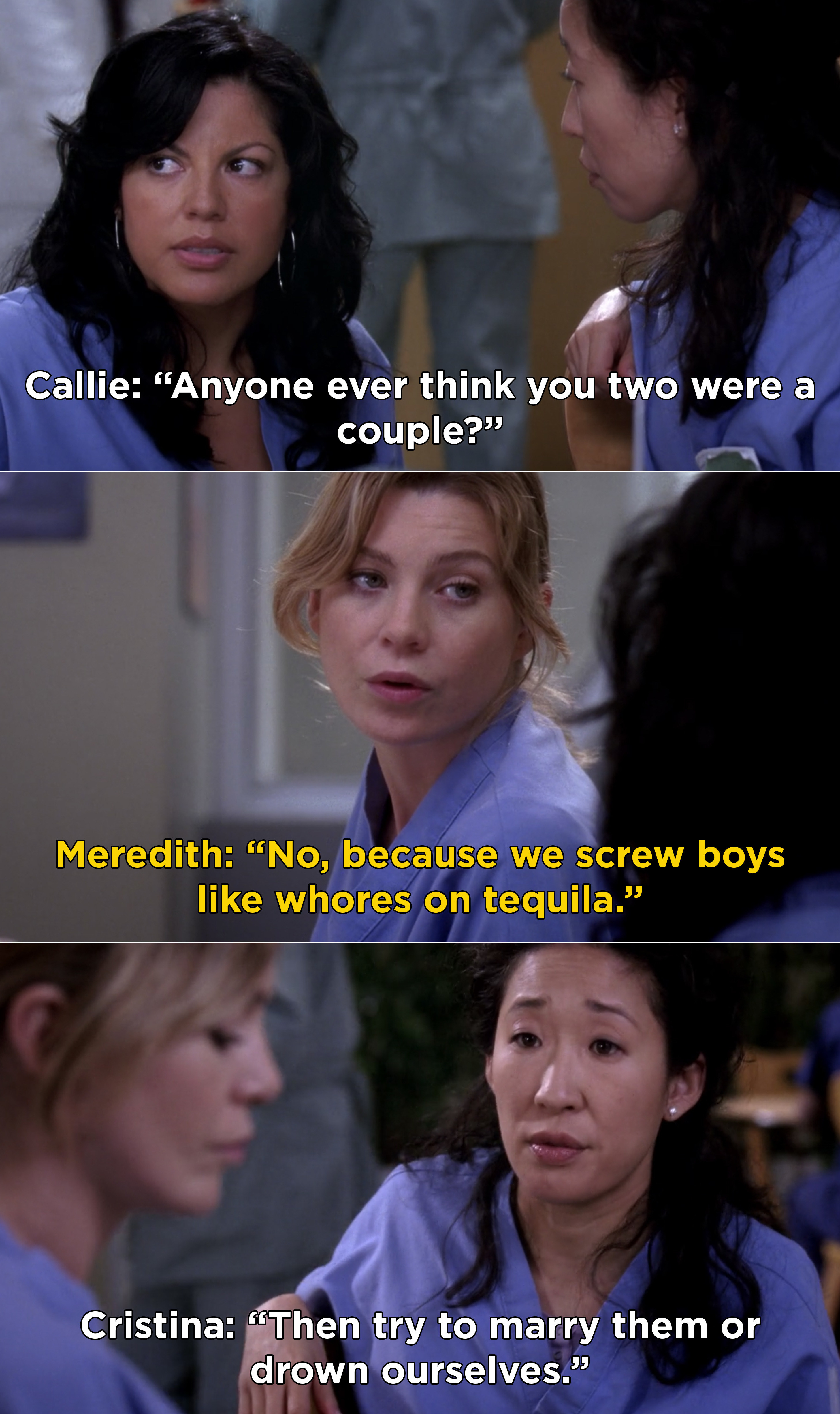 Meredith saying that her and Cristina are never mistaken for a couple because they &quot;screw boys like whores on tequila&quot; 