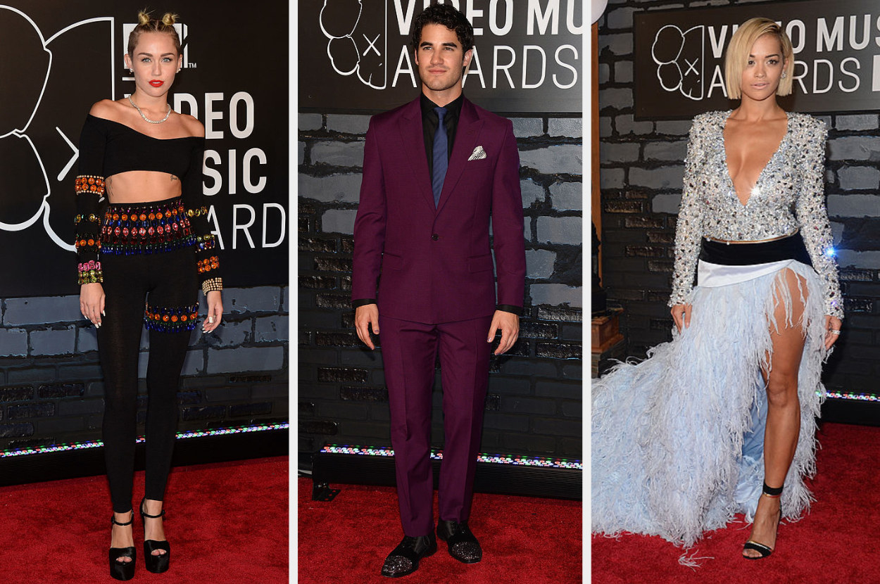 Miley wears a jewel-studded two-piece set, Darren wears a classy suit with rhinestone-studded shoes, Rita wears a jewel-studded gown with a long feather skirt